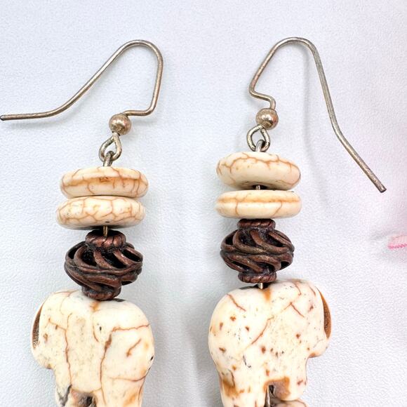 Tribal Native Folk Art Carved Howlite Elephant Nut Chunky Big Statement Earrings - Picture 6 of 12